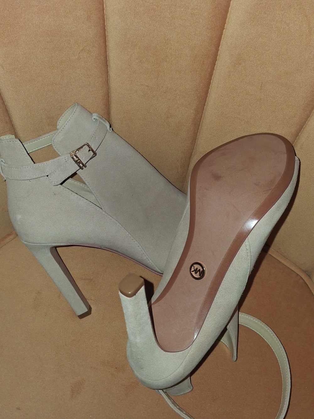 Michael Kors Taupe Suede Peep-Toe Ankle Strap Heels - Picture 2 of 4